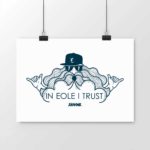 Poster illustration of Éole, the wind god, biker-style, with “In Eole I Trust” slogan