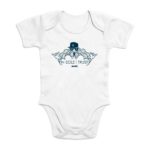 In Eole I Trust baby body with wind-blowing biker god graphic, fun and adorable design for baby kiteboarding fans.