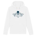 Unisex white hoodie with illustration of Éole, the wind god, biker-style, and slogan “In Eole I Trust”