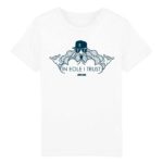 White teeshirt for child with illustration of Éole, the wind god, biker-style, and slogan “In Eole I Trust”