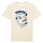 Strapless Sessions tee showing a kitesurfer mid-jump, holding the board, shaka pose, with palm trees and paradise background.