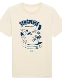 Strapless Sessions tee showing a kitesurfer mid-jump, holding the board, shaka pose, with palm trees and paradise background.
