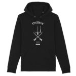 Black hoodie with white rock’n’roll kitesurf graphic, slogan “Freedom”